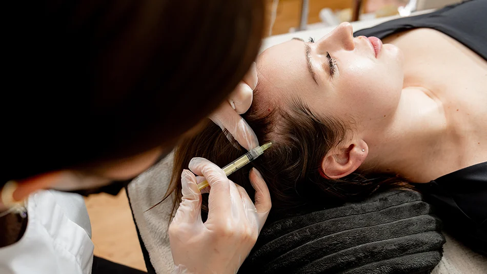 Ärztliche Injektion in die Kopfhaut einer Patientin – minimalinvasive Behandlung