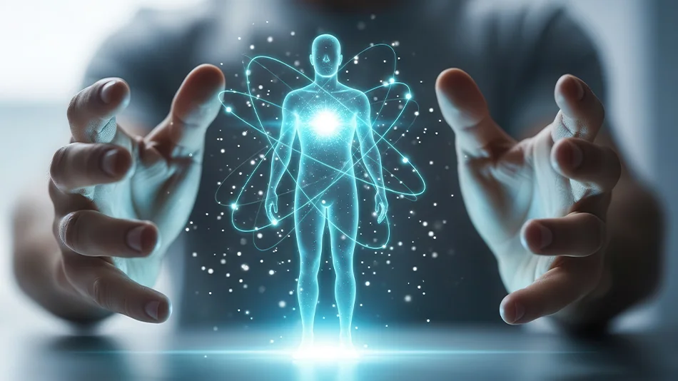 Digitale Darstellung eines menschlichen Körpers mit leuchtendem Energiezentrum