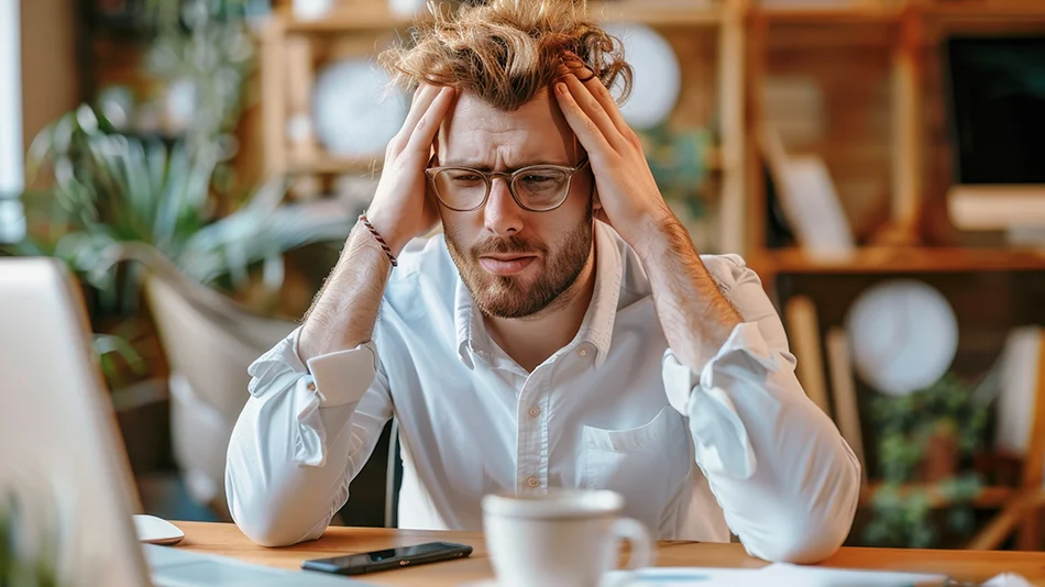 Mann sitzt nachdenklich mit den Händen am Kopf und überfordert vor Laptop und Smartphone