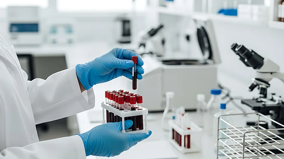 Medizinisches Labor mit Blutprobe in einem Reagenzglas – Untersuchung der Blutgerinnung.