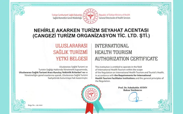 Zertifikat des Gesundheitsministeriums in der Türkei für "International Health Toursim Authorization"
