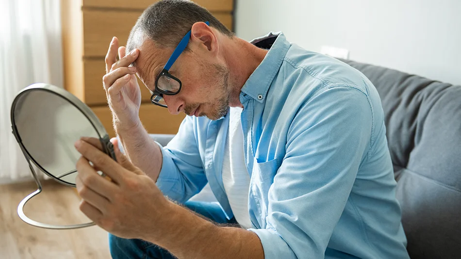 Mann betrachtet besorgt seinen Haaransatz im Spiegel.