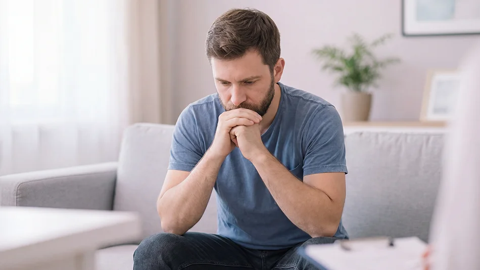 Nachdenklicher und besorgt schauender Mann sitzt auf einem Sofa.