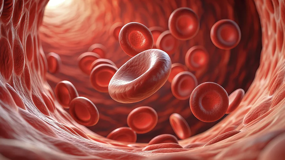 Digitale Darstellung roter Blutkörperchen in einem Blutgefäß – Symbolbild für Blutgerinnung und Kreislaufprozesse im menschlichen Körper.