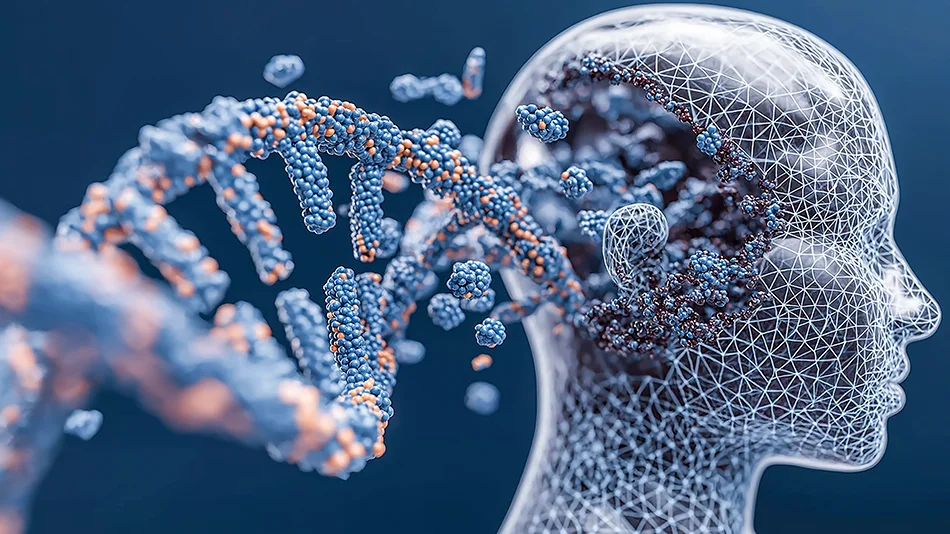 3D-Darstellung einer DNA-Struktur vor einem menschlichen Kopf